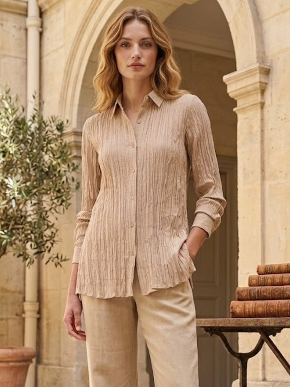 Eileen Fisher Classic Collar Pleat Habutai Silk Shirt in Wheat Size XS